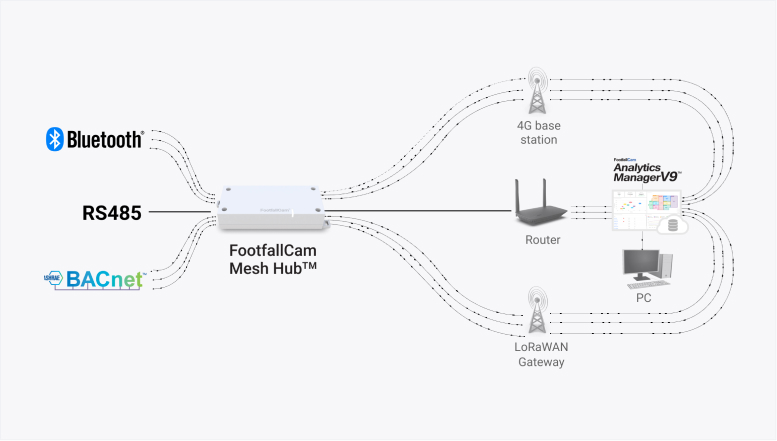 FootfallCam 人流量统计 系统 - 网状集线器电缆和网络拓扑