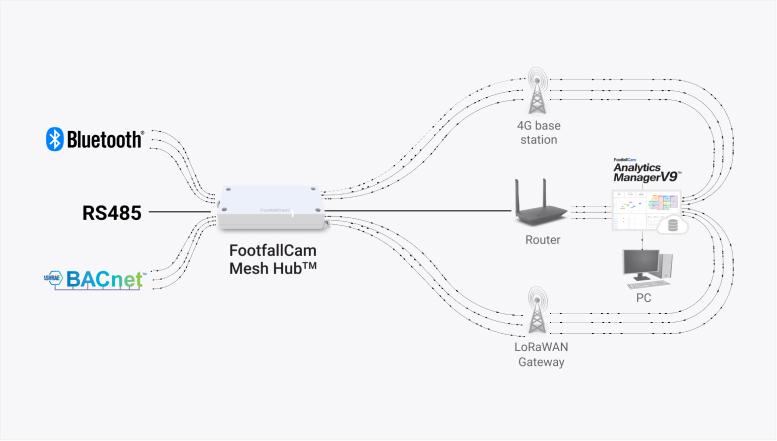 FootfallCam Contagem de Pessoas Sistema - Cabo Mesh Hub e Topologia de Rede