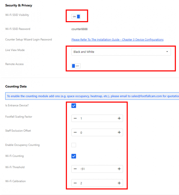 Device Setting Page - FootfallCam